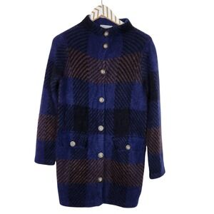 WALLACE Cardigan Sweater‎ Womens XS Blue Plaid Rabbit Hair Mock Neck Pockets